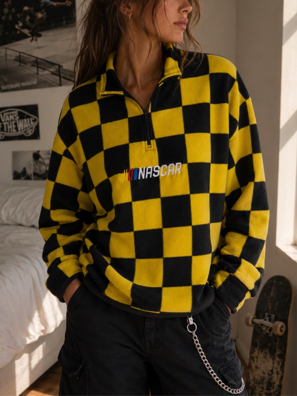 NASCAR Checkered Quarter Zip Fleece Sweatshirt Cropped Y2K Streetwear